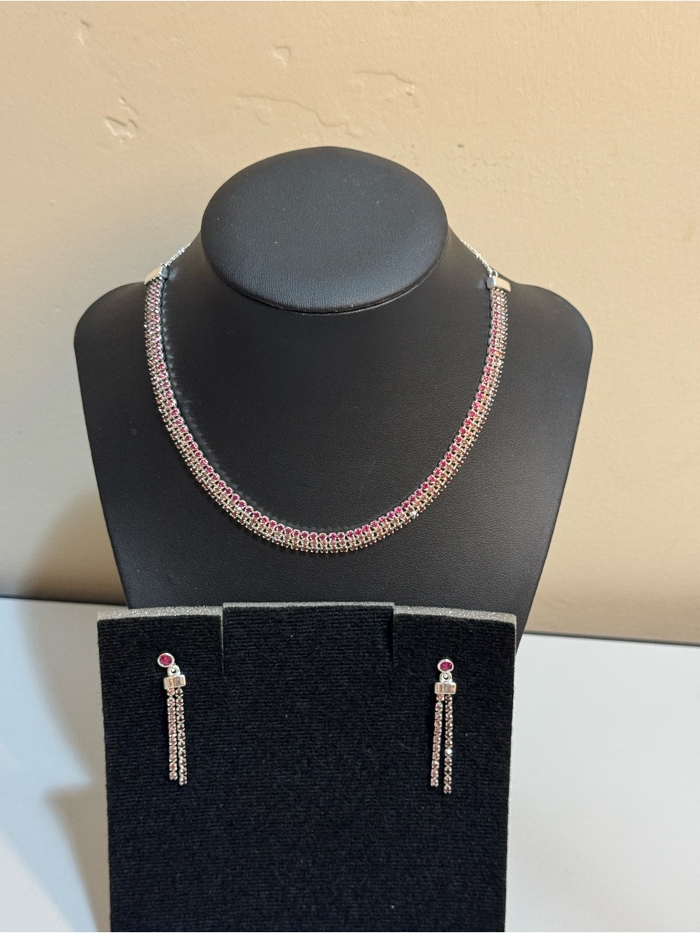 Elegant Pink Crystal Necklace and Drop Earrings Set